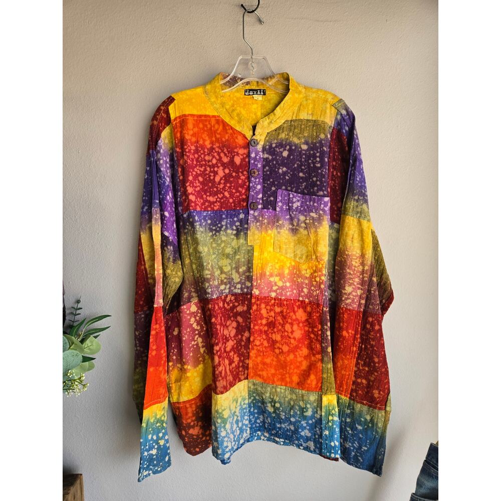Jaxli Vintage Y2K Rainbow Patchwork Acid Wash Cotton Henley Shirt XL Nepal